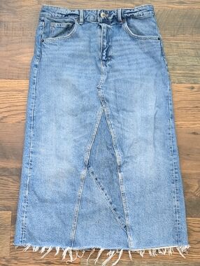 MNG Long Distressed Maxi Pencil Denim Jean Skirt With Back Split, Size Medium